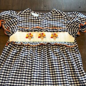 Classic Whimsy Smocked Thanksgiving Turkeys Navy Check Dress